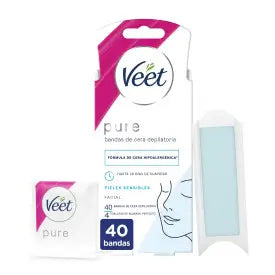 Veet Pure Bandas de Cera Fría Depilatoria para Depilación Facial, 40 Tiras