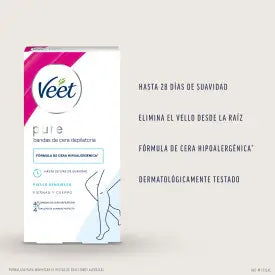 Veet Pure Bandas de Cera Fría Depilatoria para Piernas y Cuerpo, 40 Tiras