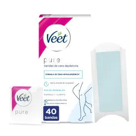 Veet Pure Bandas de Cera Fría Depilatoria para Piernas y Cuerpo, 40 Tiras