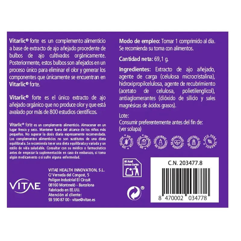 Vitae Vitarlic Forte Ajo Añejado Para Salud Cardiovascular Inoloro , 60 comprimidos