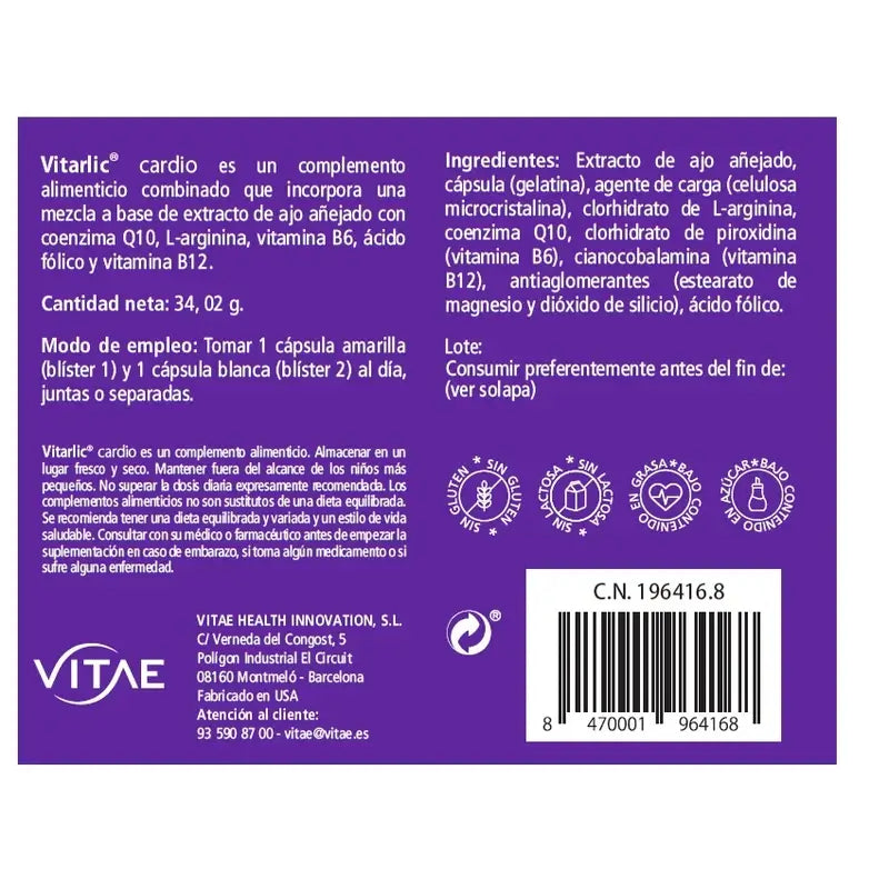 Vitae Vitarlic Cardio, 60 cápsulas