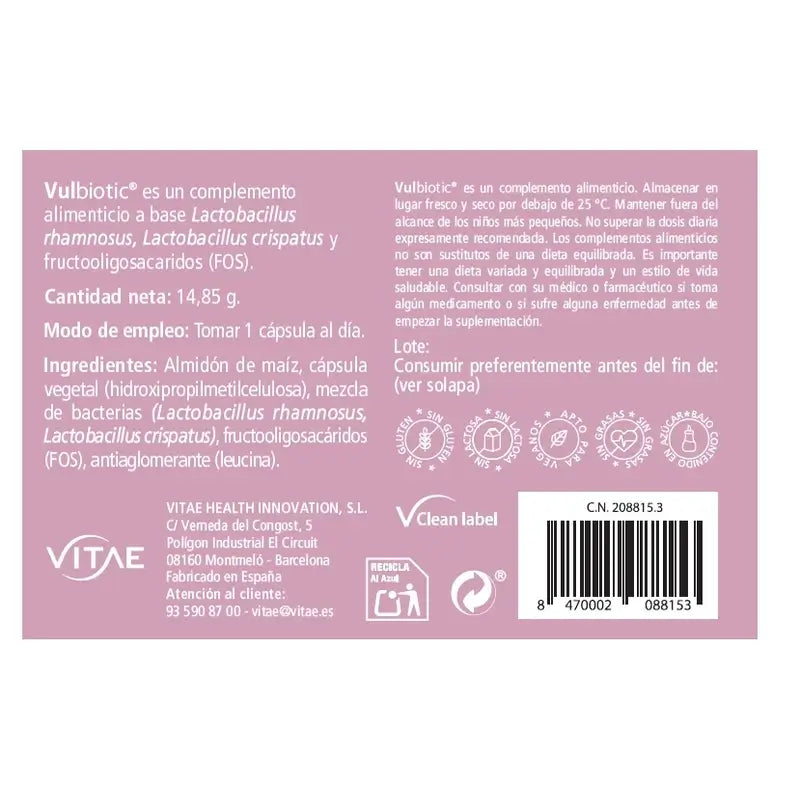 Vitae Vulbiotic Probiotico Ginecológico - Cuidado Intimo, 30 cápsulas