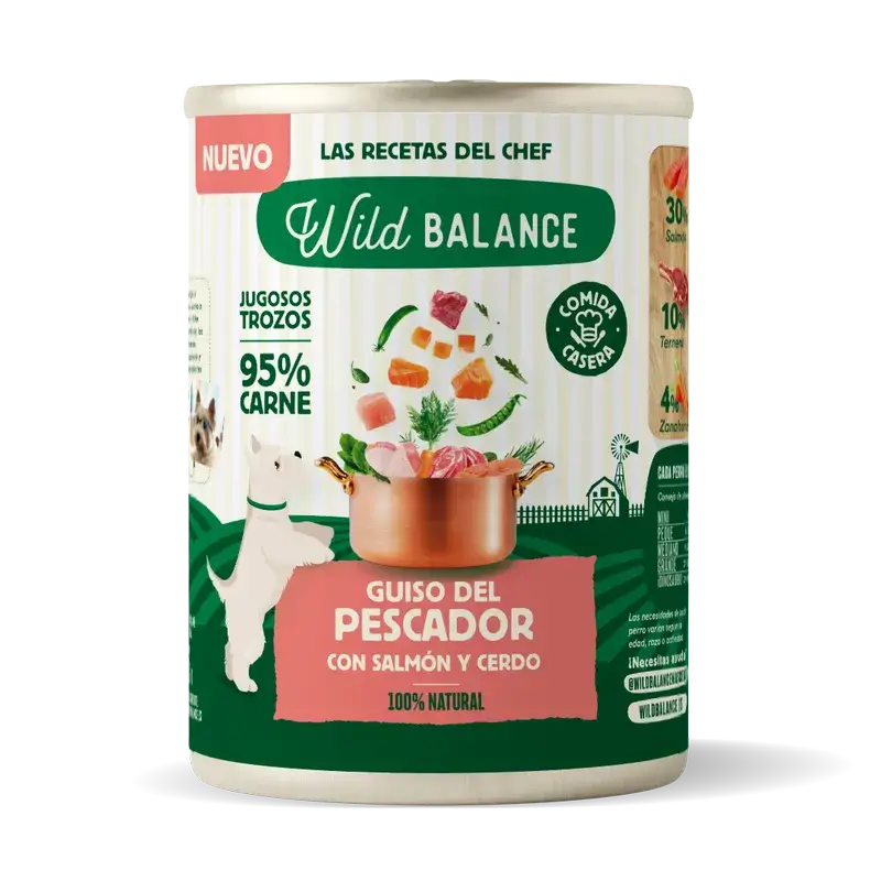 Wild Balance Lata Guiso Del Pescador Con Salmón, Cerdo Y Verduras Para Perros, 400 gr