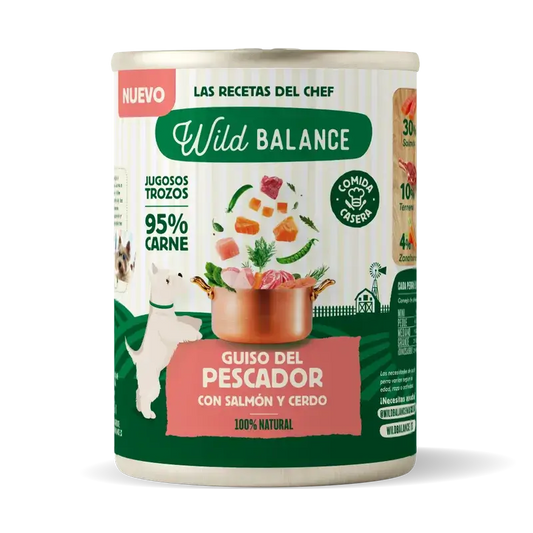 Wild Balance Lata Guiso Del Pescador Con Salmón, Cerdo Y Verduras Para Perros, 400 gr