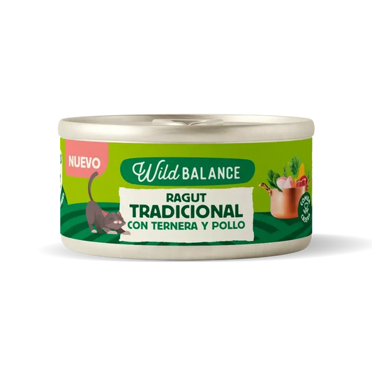 Wild Balance Lata Ragut Tradicional Con Ternera, Pollo Y Verduras Para Gatos, 80 gr