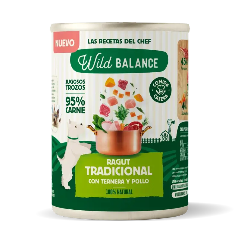 Wild Balance Lata Ragut Tradicional Con Ternera, Pollo Y Verduras Para Perros, 400 gr